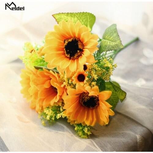 Meldel Wedding Bouquet Bridesmaid Sunflower Artificial Silk Flowers Babys Breath Sunflower Bunch of Flower DIY Home Decorations