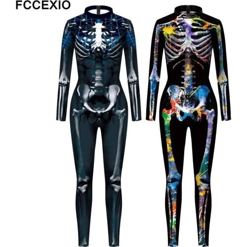 FCCEXIO Halloween Body Skeleton 3D Print Sexy Bodysuits Cosplay Costume Jumpsuit Adults Onesie Long Sleeve Skull Outfits