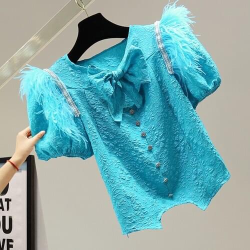 Exquisite Rhinestone Beaded Feather Shirt Women 2021 Summer Korean Style Slimming Elegant Short Sleeve Blusas Crop Top Femme