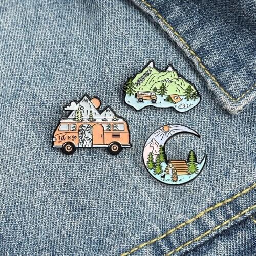 Bus Moon Moutain Metal Enamel Pins Travelling Women’s Brooch Holiday Gifts