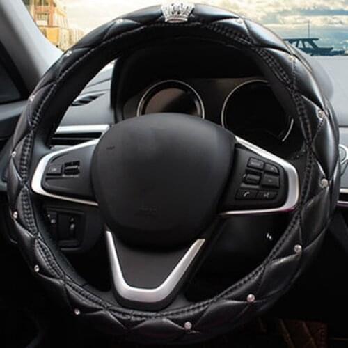 Fashion Women PU Leather Car Steering Wheel Covers Diamond Black Auto Steering-Covers Cases for Lady Girls Car Accessories
