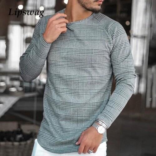 Casual Long Sleeve Plaid Print T Shirt Men Autumn Fashion O Neck Pullover 2021 Spring Male Plus Size Striped Top Tee Streetwear
