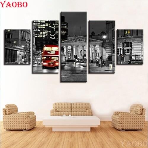 Black And White Wall Art DIY Diamond Painting 5 Pieces Red Bus Building Night View cross stitch kits embroidery mosaic Crafts