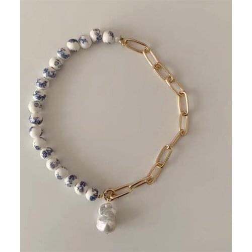 2021 Trendy Baroque Natural Pearl Pendant Necklace Creative Design Gold-color Chain Printed Bead Stitching High-quality Jewelry