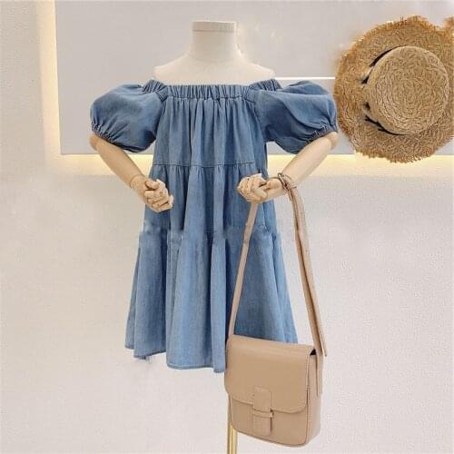 Summer Girls Dress One-Shoulder Puff Sleeve Dress European And American Fashion Denim Dress Baby Kids ChildrenS Clothing