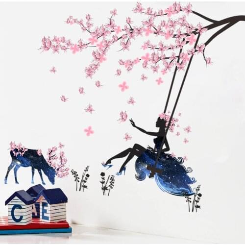 Princess Flower girl swinging Wall Stickers For Kids Girls Room Queen Snow Anna Decor Decals Self Adhesive Posters