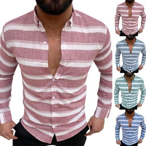 Blouses Men Pullovers Tops Shirt T-Shirt Long Sleeve Lapel Men Shirt Soft Striped Print Buttons Closure Autumn Shirt Streetwear