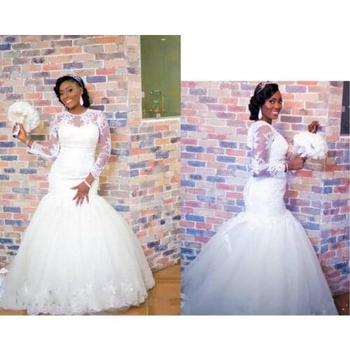 Vintage Lace Mermaid Wedding Dresses Sweep Train Tulle Puffy African Cheap Bridal Gowns 2021