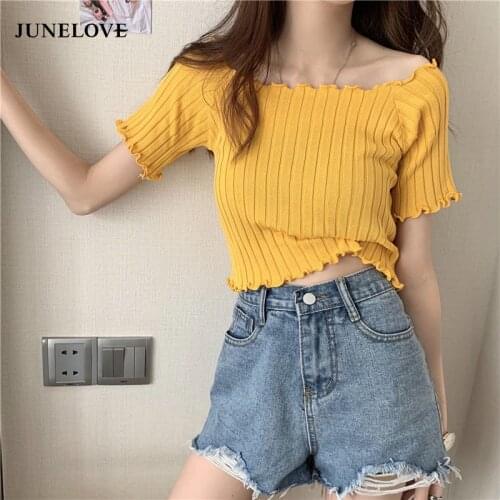 JuneLove T-shirts Women Summer Square Collar Knitted Wood Ears Short Sleeve Korean Slim Sexy Crop Tops Chic Ins Pullovers New