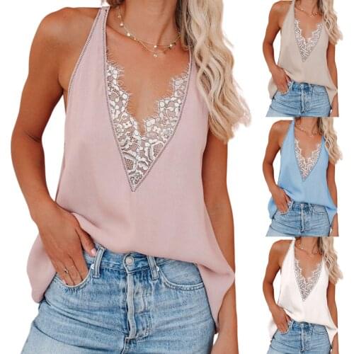 Women Lace Splicing Tank Top Adults Summer Loose Sleeveless Solid Color V-neck Pullover Camis Tops Clothes Female Ladies New