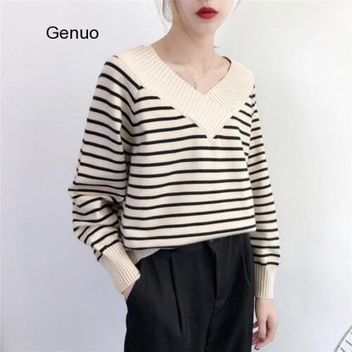 2020 Autumn Winter Women Sweaters Fashion Warm Pullover Women Striped Knitted V-Neck Long Sleeve Loose Plus Size Tops Pull Femme