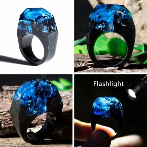 2019 Fashion Wood Resin Ring Female Forest Handmade Rainbow Star Secret Sky Micro Landscape Wooden Ring High Quality Jewelry