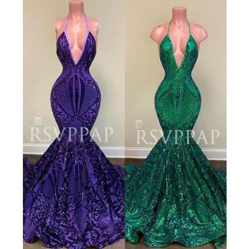 Long Prom Dress 2021 Sexy Deep V-neck Backless Glitter Sequin Purple/Green African Black Girl Mermaid Prom Dresses