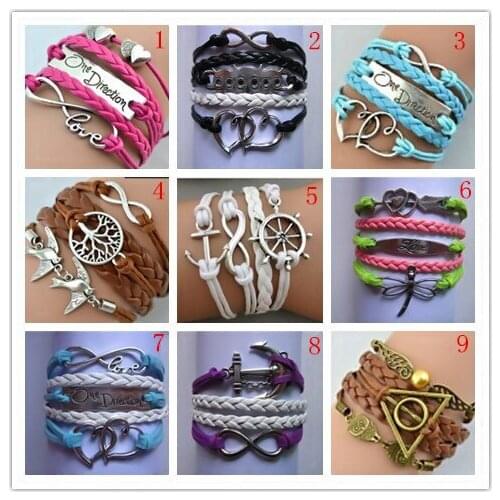 20pcs(Mixing of colors & styles)Infinity Double peach anchor rudder bird Ancient silver fashion bracelet best gift