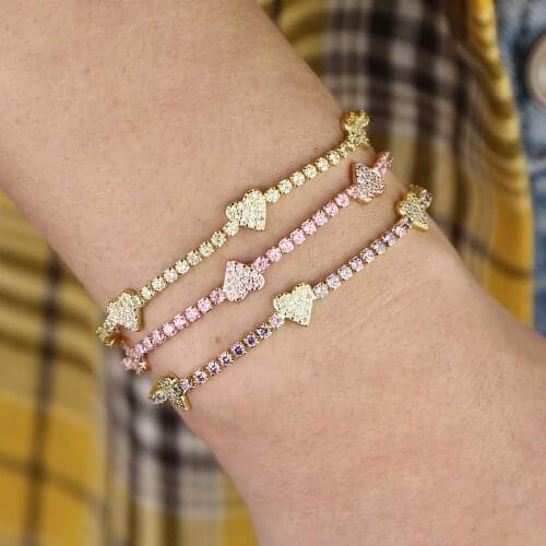 2021 Gold Filled Delicate Colorful White Purple Pink Thin Tennis Cz Heart Chain Bracelets For Women Lover Elegance Gifts Jewelry