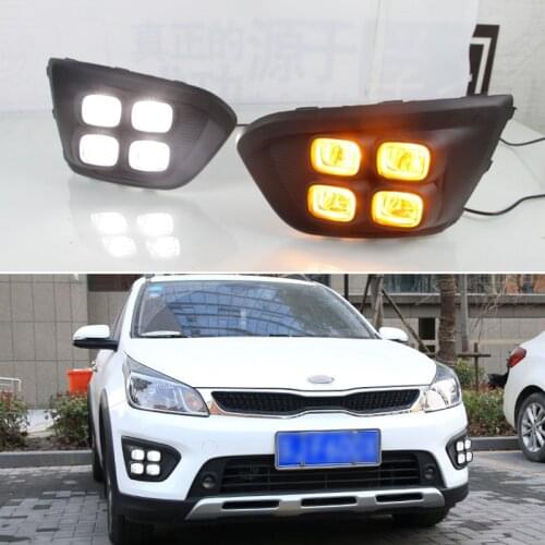 12V Car LED DRL Daylights For Kia Rio X-line 2018 2019 Yellow Turn Signal Daytime Running Headlamps Auto Driving Lamp