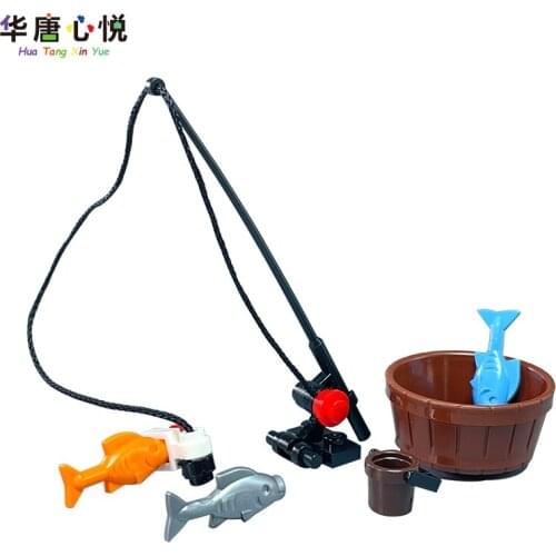 Locking Compatible Friends Series Fishing Suit Fishing Rod Basket Hobby Toys For Children DIY Models Educational Gifts Buildings