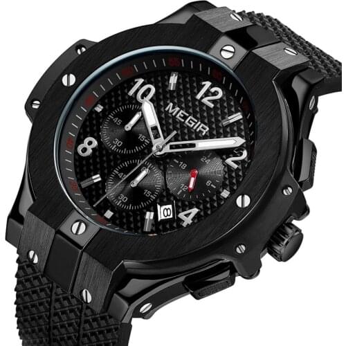 MEGIR Quartz Watch Mens Casual 3D Engraved Dial Black Silicone watches men Waterproof Military Sport Watch for Man