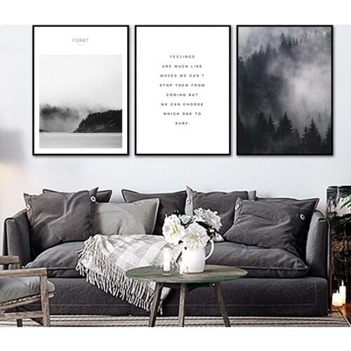 Forest Prints Black and White Nature Scandinavian Wall Art Canvas Painting Modern Minimalist Landscape Foggy Mountain Posters