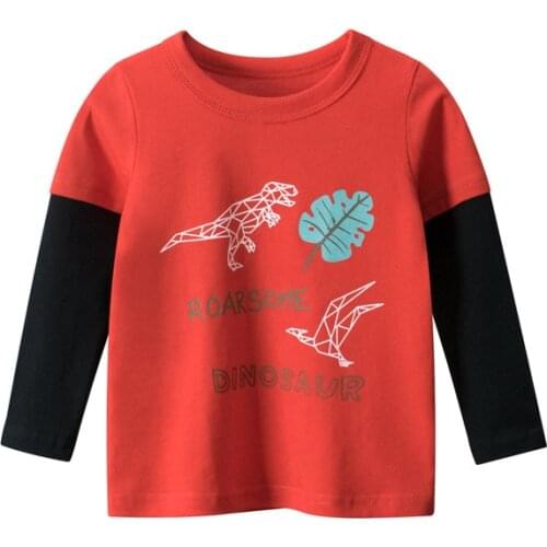 Baby Boy Tee Kids Autumn Winter Pure Cotton Dinasour Printed Toddler Patchwork Baby Pullover Kids Long-Sleeved Tops Boys T-shirt