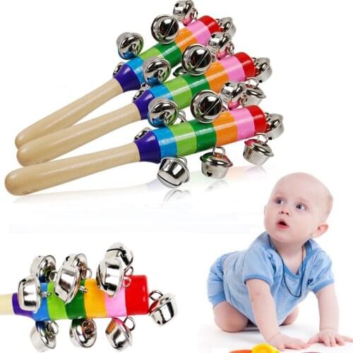 Babys Bell Vocal Toys Rainbow Shaker Stick Educational Toy Handle Wooden Activity Bell Ring Rainbow Musical Instrument DW670872