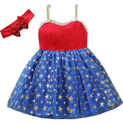 Children Fashion Baby Independence Day Sleeveless Dress + Butterfly Flower Headdress Mesh Stitching Clothing 6M-4Y