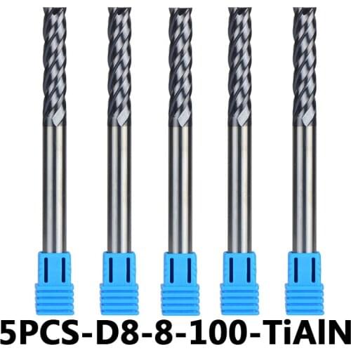 4-Flute Flattened Head Milling Cutters 5pcs/lot D8-8-100 Tungsten Steel End Mills Carbide End mills HRC45 With Straight Shank