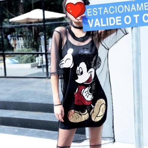 Disney Sequined Mickey Minnie Mouse T-shirt Women Summer Kawaii Tops Fashion Short Sleeve Black Tshirt Lady Female Anime Clothes