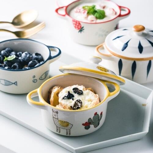 Ceramic hand painted steamed egg bowl baby food bowl underglaze color microwave oven with cover small bowl shufulei pudding bowl