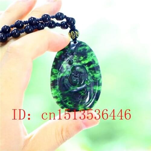 Chinese Natural Black Green Jade Maitreya Buddha Pendant Necklace Fashion Charm Jewellery Carved Amulet Gifts Sweater Chain