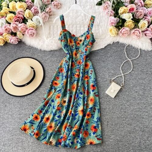 Summer Womens Dress French Retro Floral V-neck Suspender Dress New Waist and Thin Beach Style Female Big Swing Dresses HH226