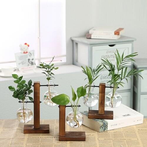 HOT-Vintage Style Glass Desktop Plant Bonsai Flower Christmas Decoration Vase with Wooden L / T Shape Tray Home Decor Accessor