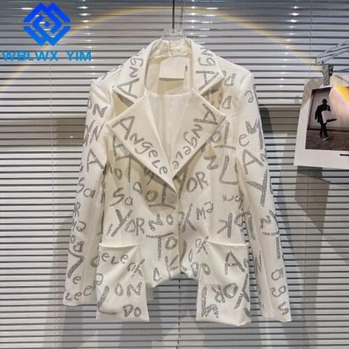 Fashion Asymmetry Blazer Jacket Women Letter Diamonds Single Breasted Suit Jackets Female Spring Autumn Blazers Coat Streetwear