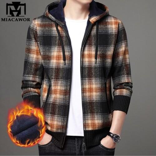 New Top Quality Brand Hooded Bomber Jackets Men Autum Winter Wool Warm Zipper Baseball Jackets Vintage Plaid Casual Coats J713