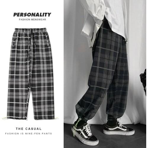 Mens Plaid Casual Harem Pants Korean Man 2021 Loose Ankle-Length Trousers Harajuku Streetwear New Male Clothing