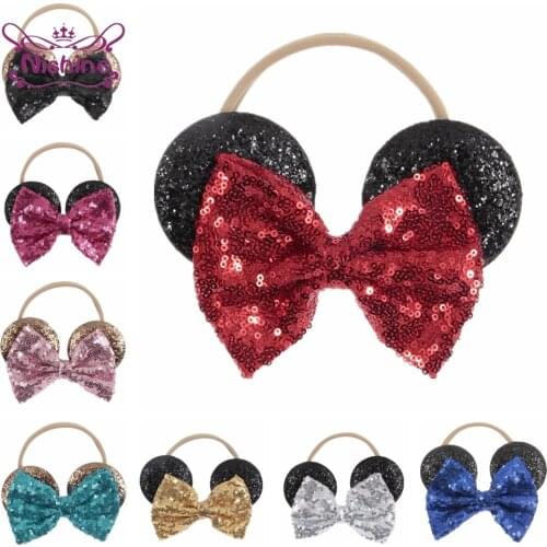 Nishine Glitter Cartoon Ears Baby Headband Shining Sequins Bowknot Kids Hairband Headwarp Accessories Clothing Decoration