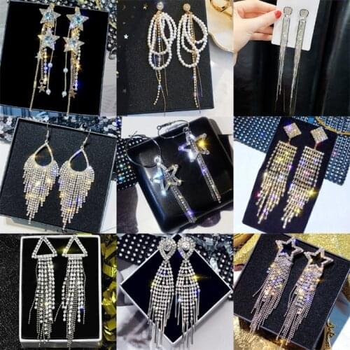 2020 New Long Crystal Tassel Gold Color Dangle Earrings for Women Wedding Drop Earing Fashion Jewelry Gifts