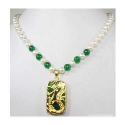 Genuine White Pearl Green stone Yellow stone Dragon Pendant Necklace