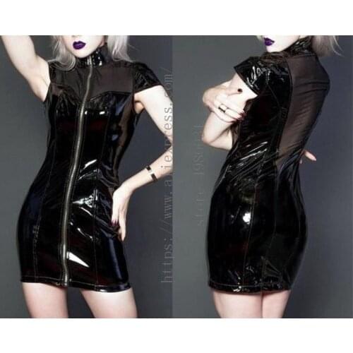 Sexy latex dress Fetish womens black plus size dress with front zipper decorations