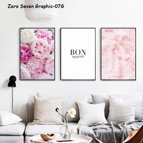 Nordic Blooming Pink Peonies Feathers Poster Print Simple Quotes Canvas Painting Wall Art Picture For Living Room Decoration