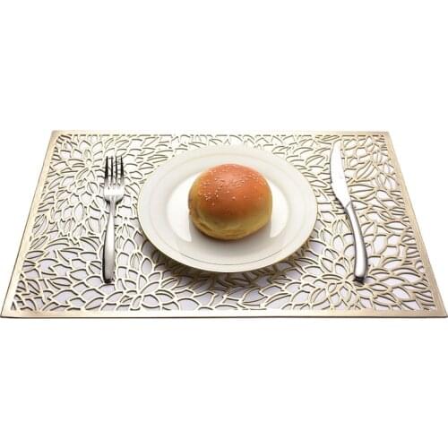 Dining Table Placemat Hollowed Kitchen Cup Mat Gold Plating Coaster Rectangle Hibiscus Flowers Placemat Table Mat Pad #8
