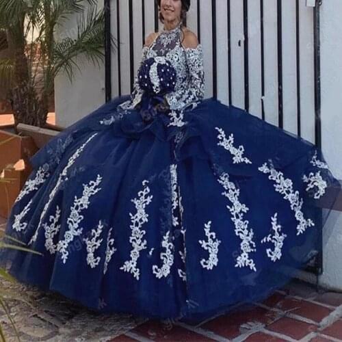 Navy Blue Quinceanera Dresses With White Lace Appliques Long Sleeves Ball Gown Off Shoulder 15 years dress Sweet 16 Prom Gowns
