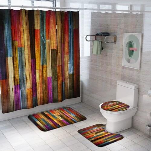 Color Wood Stripes Pattern Shower Curtain Polyester Waterproof Bathroom Curtains Rug Sets Toilet Cover Mat Set