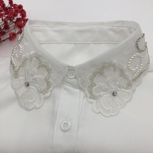 Women Shirt Embroidery False Collar Handmade Bead Decoration Detachable Fake Collar Fashion Lapel Blouse Top Vestidos Tie