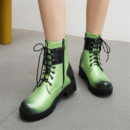 PXELENA Hot Plus Size 34-43 Shoes Women Chunky Med Heels Military Boots 2020 Autumn Green Purple Lace Up Knight Motorcycle Boots