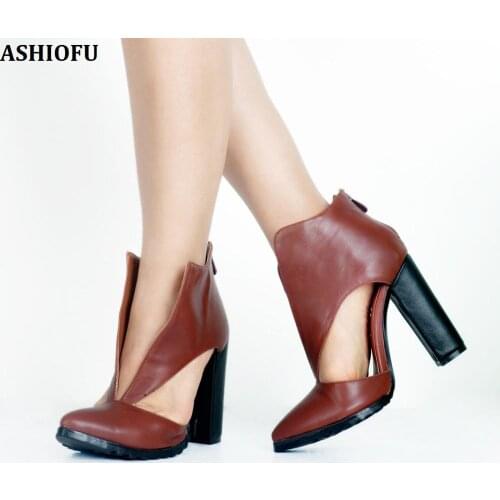 ASHIOFU Handmade Ladies Chunky Heel Pumps V-neck Sexy Party Prom Dress Shoes Large Size Fashion Evening Court Shoes