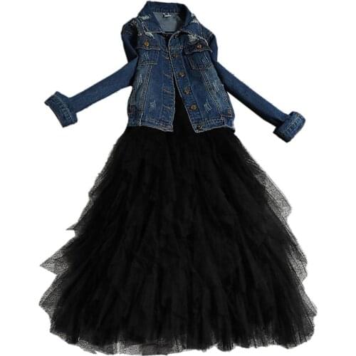 2020 spring autumn new hole denim jacket women+short-sleeved mesh dress two piece sets