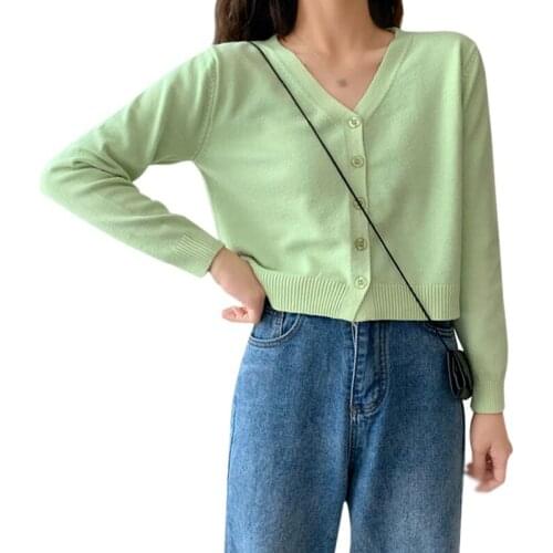 Women Single-breasted Knitted Small Short V-neck Long Sleeve Solid Color Thin Jacket Cardigan Sweater
