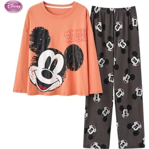 Disney Womens Pajamas Set Autumn Winter O Neck Mickey Mouse Print Sleepwear 100% Cotton Home Clothes XXL Large Size Nightwear