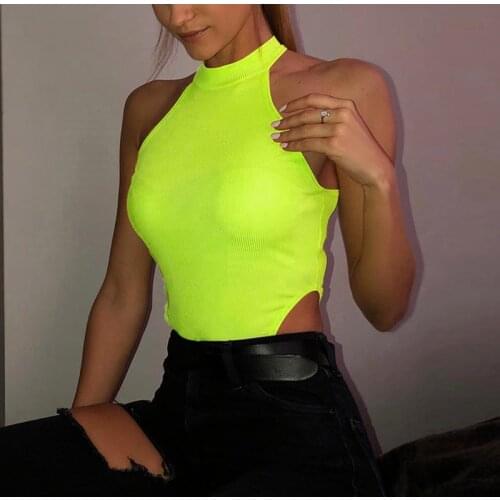 Sleeveless Body Outfits Cut Out 2021 Summer Ribbed Knit Neon Solid Streetwear Romper Sexy High Leg Thong Bodysuit Women G2474